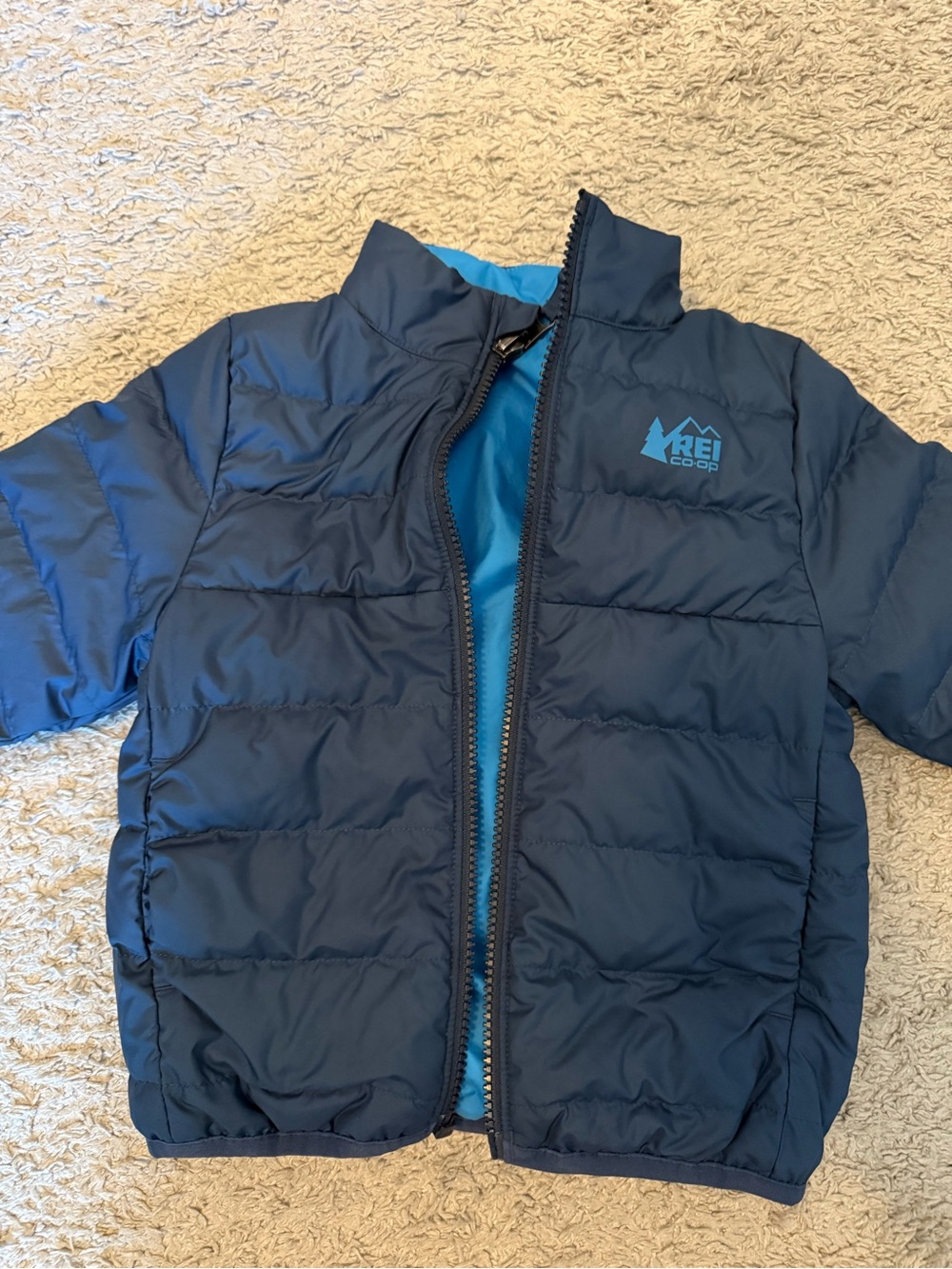 REI Toddler Navy Puffer Jacket with Bright Blue Liner - Picture 2 of 7